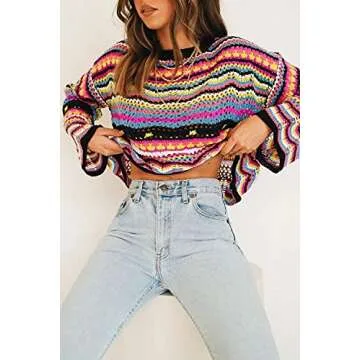 Y2k Women Long Sleeve Crop Top Crochet Knit Color Block Pullover Jumper Tops Loose Patchwork Shirts ...
