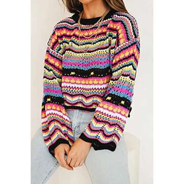 Y2k Women Long Sleeve Crop Top Crochet Knit Color Block Pullover Jumper Tops Loose Patchwork Shirts 90S Streetwear(Rainbow Black,M)