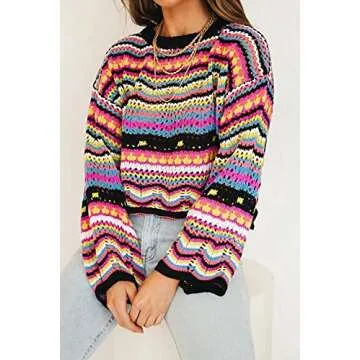 Y2k Women Long Sleeve Crop Top Crochet Knit Color Block Pullover Jumper Tops Loose Patchwork Shirts 90S Streetwear(Rainbow Black,M)
