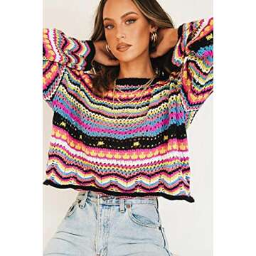 Y2k Women Long Sleeve Crop Top Crochet Knit Color Block Pullover Jumper Tops Loose Patchwork Shirts 90S Streetwear(Rainbow Black,M)