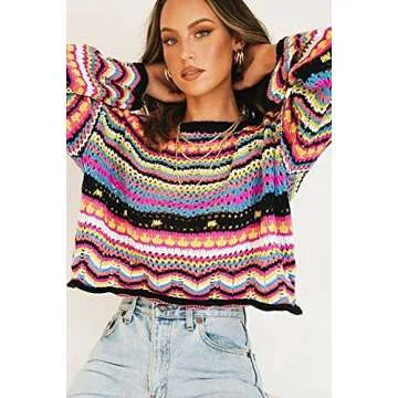 Y2k Women Long Sleeve Crop Top Crochet Knit Color Block Pullover Jumper Tops Loose Patchwork Shirts 90S Streetwear(Rainbow Black,M)
