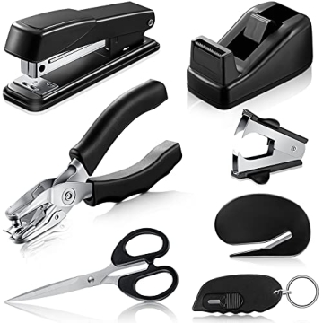 Tenare 7 Pcs Black Office Supplies Desk Accessory Kit, Stapler and Tape Dispenser Set with Stapler R...