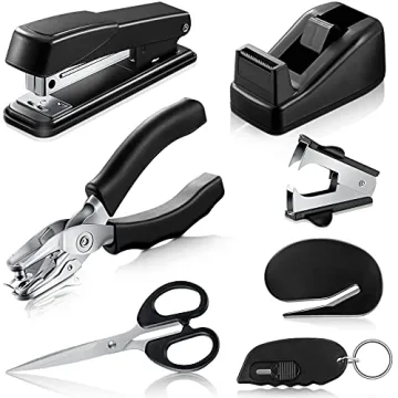 Tenare 7 Pcs Black Office Supplies Desk Accessory Kit, Stapler and Tape Dispenser Set with Stapler R...