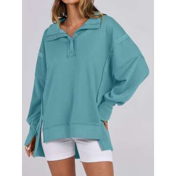ANRABESS Women's Sweatshirts Oversized Casual Loose Button Up Henley Pullover Top High Low Split 202...