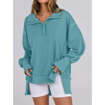 ANRABESS Women's Sweatshirts Oversized Casual Loose Button Up Henley Pullover Top High Low Split 2024 Fall Fashion Outfits Lake Green Medium
