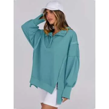 ANRABESS Women's Sweatshirts Oversized Casual Loose Button Up Henley Pullover Top High Low Split 2024 Fall Fashion Outfits Lake Green Medium