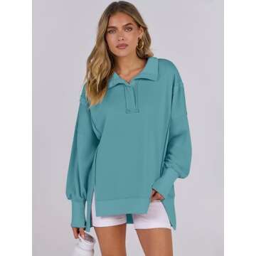 ANRABESS Women's Sweatshirts Oversized Casual Loose Button Up Henley Pullover Top High Low Split 2024 Fall Fashion Outfits Lake Green Medium