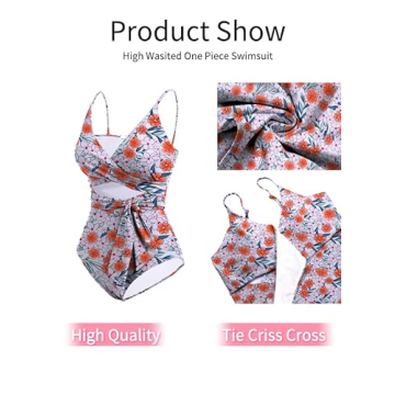 AI'MAGE Women's One Piece Swimsuit Wrapped High Waisted Bathing Suits Tummy Control Tie Criss Cross Swimwear (Pink Floral Printed, Small)