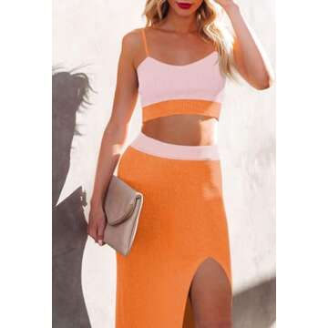 Cutiefox Skirt Sets for Women Knitted Crop Top Side Slit Midi Skirt 2 Piece Sweater Dress Colorblock...