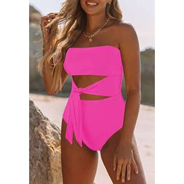 Viottiset Women's Bandeau One Piece Swimsuit Strapless Tie High Cut Out Bathing Suit Hot Pink Small