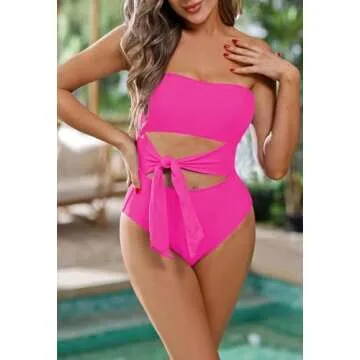 Viottiset Women's Bandeau One Piece Swimsuit Strapless Tie High Cut Out Bathing Suit Hot Pink Small