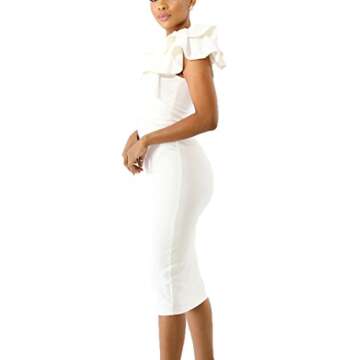 Mokoru Women's Sexy Ruffle One Shoulder Bodycon Elegant Cocktail Party Midi Dresses, X-Large, Pure White