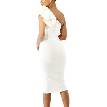 Mokoru Women's Sexy Ruffle One Shoulder Bodycon Elegant Cocktail Party Midi Dresses, X-Large, Pure White