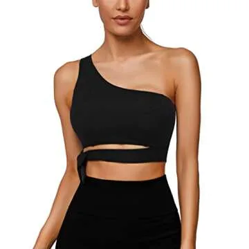 Sykooria Workout Sports Bras Fitness Gym Asymmetric Bras One Shoulder Padded Bra Yoga Crop Tank Top Black L