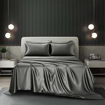 AiMay 6 Piece Satin Bedding Sheet Set King Grey Deep Pocket 1800 Series Luxury Rich Silk Silky Super...