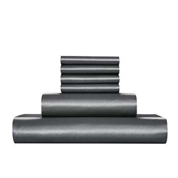 AiMay 6 Piece Satin Bedding Sheet Set King Grey Deep Pocket 1800 Series Luxury Rich Silk Silky Super Soft Solid Color 4 Pillowcases Reversible Sexy Honeymoon Wrinkle Free (King,Grey)