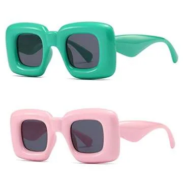 laureles Fashion Square Y2k Sunglasses for Women Yellow Blue Gradient Sun Glasses Men Punk Hip Hop Shades UV400 (2PCSGreen+C2Pink)
