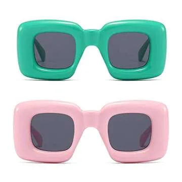 laureles Fashion Square Y2k Sunglasses for Women Yellow Blue Gradient Sun Glasses Men Punk Hip Hop Shades UV400 (2PCSGreen+C2Pink)
