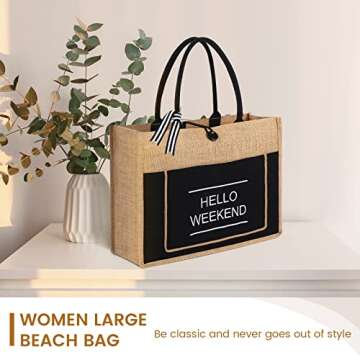 Trifabricy Beach Bag for Women - Large Jute Straw Beach Tote Bag, Hello Weekend Embroidery Canvas To...