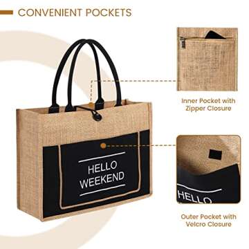 Trifabricy Beach Bag for Women - Large Jute Straw Beach Tote Bag, Hello Weekend Embroidery Canvas Tote Bag, Weaving Swim Gym Shopping Travel Bag, Black