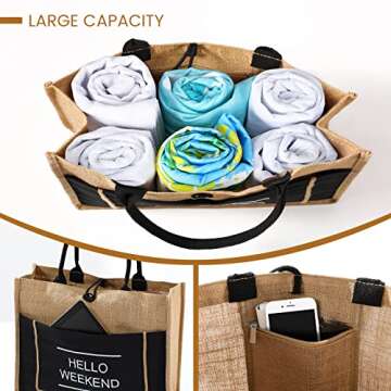 Trifabricy Beach Bag for Women - Large Jute Straw Beach Tote Bag, Hello Weekend Embroidery Canvas Tote Bag, Weaving Swim Gym Shopping Travel Bag, Black