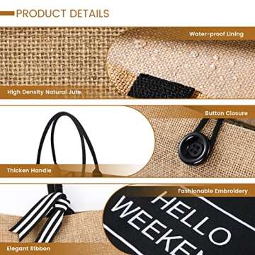 Trifabricy Beach Bag for Women - Large Jute Straw Beach Tote Bag, Hello Weekend Embroidery Canvas Tote Bag, Weaving Swim Gym Shopping Travel Bag, Black
