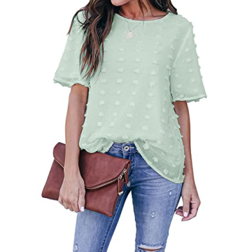 Blooming Jelly Womens Chiffon Blouse Summer Casual Round Neck Short Sleeve Pom Pom Shirts Top
