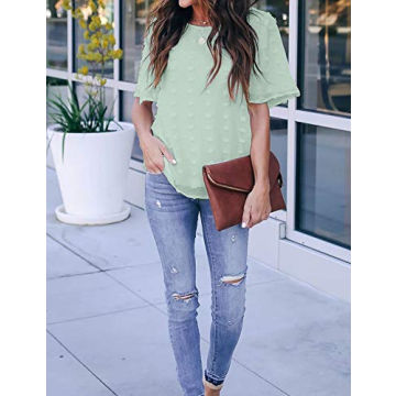 Blooming Jelly Womens Chiffon Blouse Summer Casual Round Neck Short Sleeve Pom Pom Shirts Top