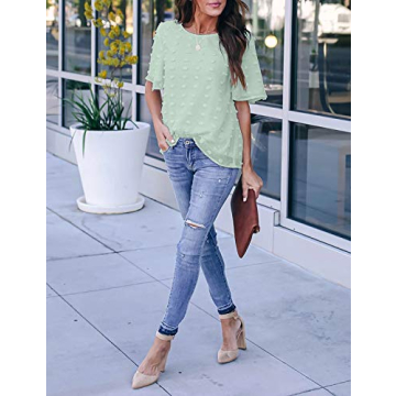 Blooming Jelly Womens Chiffon Blouse Summer Casual Round Neck Short Sleeve Pom Pom Shirts Top