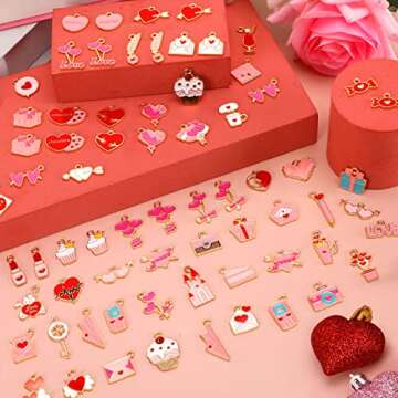 SANNIX 110Pcs Valentine's Day Charms Gold Enamel Jewelry Making Charm Pink Pendants for Valentines Bracelet Necklace Earrings Making