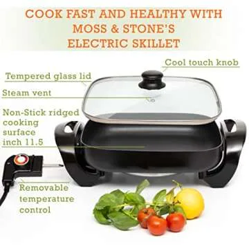 Moss & Stone Square Nonstick Electric Skillet With Lid, Aluminum 12 Inch Electric Frying Pan, 2 Laye...
