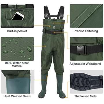 TIDEWE Bootfoot Chest Wader, 2-Ply Nylon/PVC Waterproof Fishing & Hunting Waders with Boot Hanger for Men and Women Green Size 8