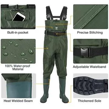 TIDEWE Bootfoot Chest Wader, 2-Ply Nylon/PVC Waterproof Fishing & Hunting Waders with Boot Hanger for Men and Women Green Size 8