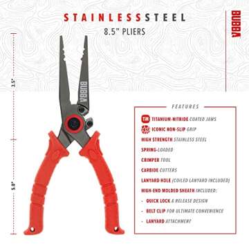 BUBBA 8.5" Stainless Steel Pliers with Non-Slip Handle, Spring Loaded with Crimping Tools and Anvil Cutters Lanyard Hole and Sheath