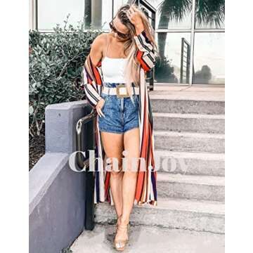 Women's Long Boho Kimono Swimsuit Cover Ups Cardigan Dusters Fall Summer Chiffon Sheer Striped Rainbow Print Beach Long Sleeve (X-Large)