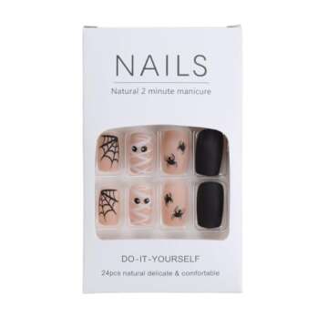 Halloween Cute Press on Nails Short Fake Nails Square Glue on Nails Nude Stick on Nails Halloween Spider Web Mummy Nails Press on Matte Acrylic Nails Reusable Full Cover False Nails for Women 24Pcs