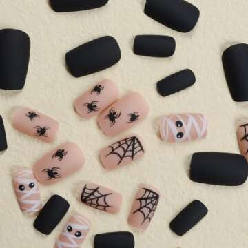 Halloween Cute Press on Nails Short Fake Nails Square Glue on Nails Nude Stick on Nails Halloween Spider Web Mummy Nails Press on Matte Acrylic Nails Reusable Full Cover False Nails for Women 24Pcs