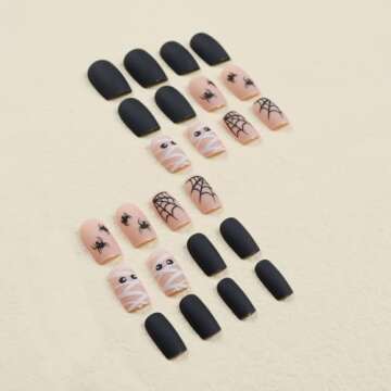 Halloween Cute Press on Nails Short Fake Nails Square Glue on Nails Nude Stick on Nails Halloween Spider Web Mummy Nails Press on Matte Acrylic Nails Reusable Full Cover False Nails for Women 24Pcs