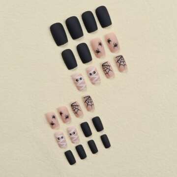 Halloween Cute Press on Nails Short Fake Nails Square Glue on Nails Nude Stick on Nails Halloween Spider Web Mummy Nails Press on Matte Acrylic Nails Reusable Full Cover False Nails for Women 24Pcs