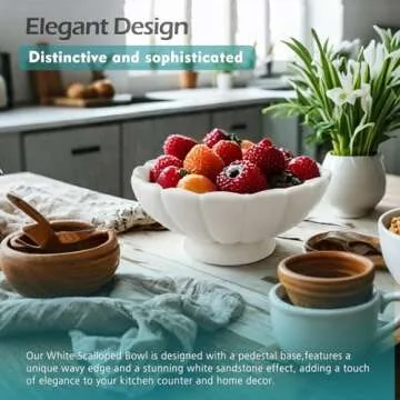 Elegant 8" White Stoneware Scalloped Decorative Bowl