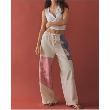 Stylish Women's Baggy Floral Patchwork Wide Leg Jeans