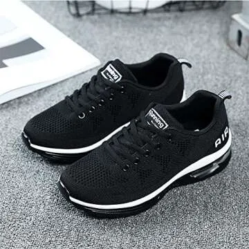 QAUPPE Womens Fashion Lightweight Air Sports Walking Sneakers Breathable Gym Jogging Running Tennis Shoes (Black US 5.5 B(M)