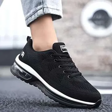 QAUPPE Womens Fashion Lightweight Air Sports Walking Sneakers Breathable Gym Jogging Running Tennis Shoes (Black US 5.5 B(M)