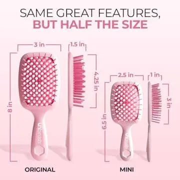 FHI Heat UNbrush Mini Detangler Brush for Pain-Free Brushing on All Wet or Dry Hair Types — Durable Duoflex Anti-Static Bristles, Lightweight Handle, Vented Mini Hair Brush, Peony Light Pink