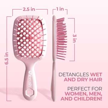 FHI Heat UNbrush Mini Detangler Brush for Pain-Free Brushing on All Wet or Dry Hair Types — Durable Duoflex Anti-Static Bristles, Lightweight Handle, Vented Mini Hair Brush, Peony Light Pink