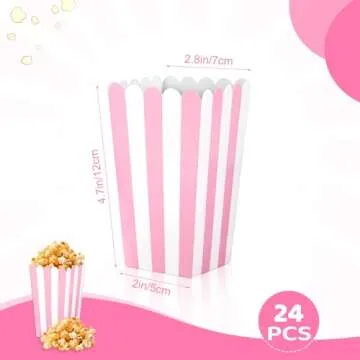 Gosknor 24 Pcs Pink Popcorn Boxes, Small Popcorn Buckets Pink And White Striped Popcorn Bags for Bir...