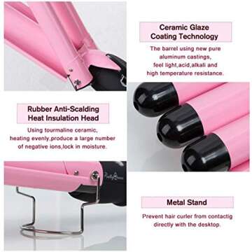 Newlemo 3 Barrel Curling Iron 25mm, 1-Inch Crimper Hair Iron Temperature Adjustable, Hair Crimper Ceramic Tourmaline Fast Heating Curling Wand with Heat Resistant Glove(Pink)
