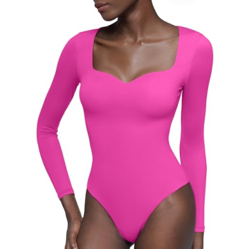 PUMIEY Long Sleeve Bodysuit for Women - Sweetheart Neck, Double Lined