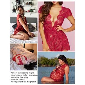 Avidlove Sexy Lingerie for Women Lace Babydoll Chemise Mesh Babydoll Lingerie V Neck Sheer Babydoll(Dark Red,XX-Large)