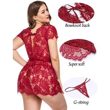 Avidlove Sexy Lingerie for Women Lace Babydoll Chemise Mesh Babydoll Lingerie V Neck Sheer Babydoll(Dark Red,XX-Large)